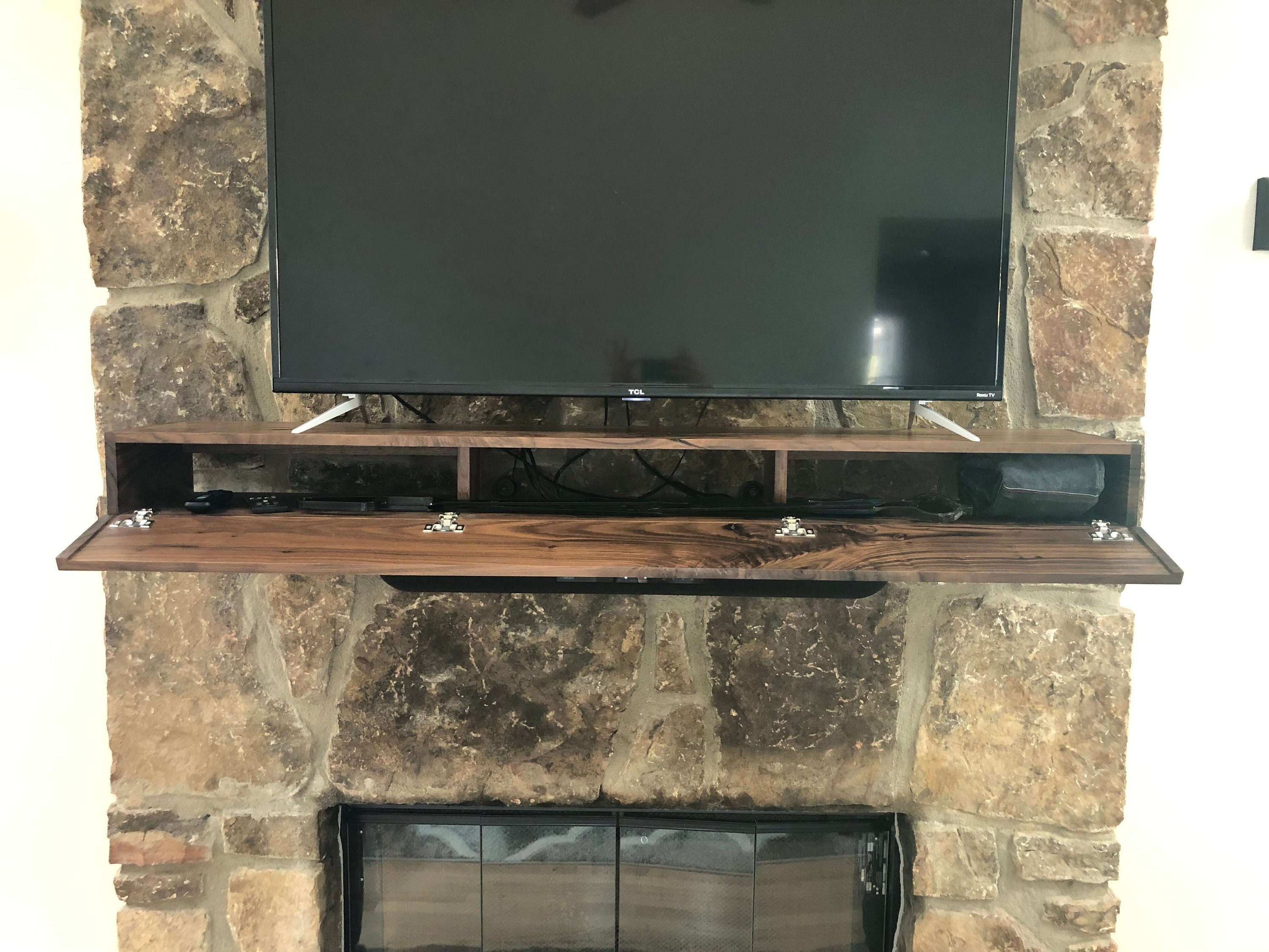 Floating Mantel with Walnut Brown Hidden Media Storage