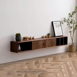 Floating Media Console Rounded Corners Walnut Wall Mounted Cabinet