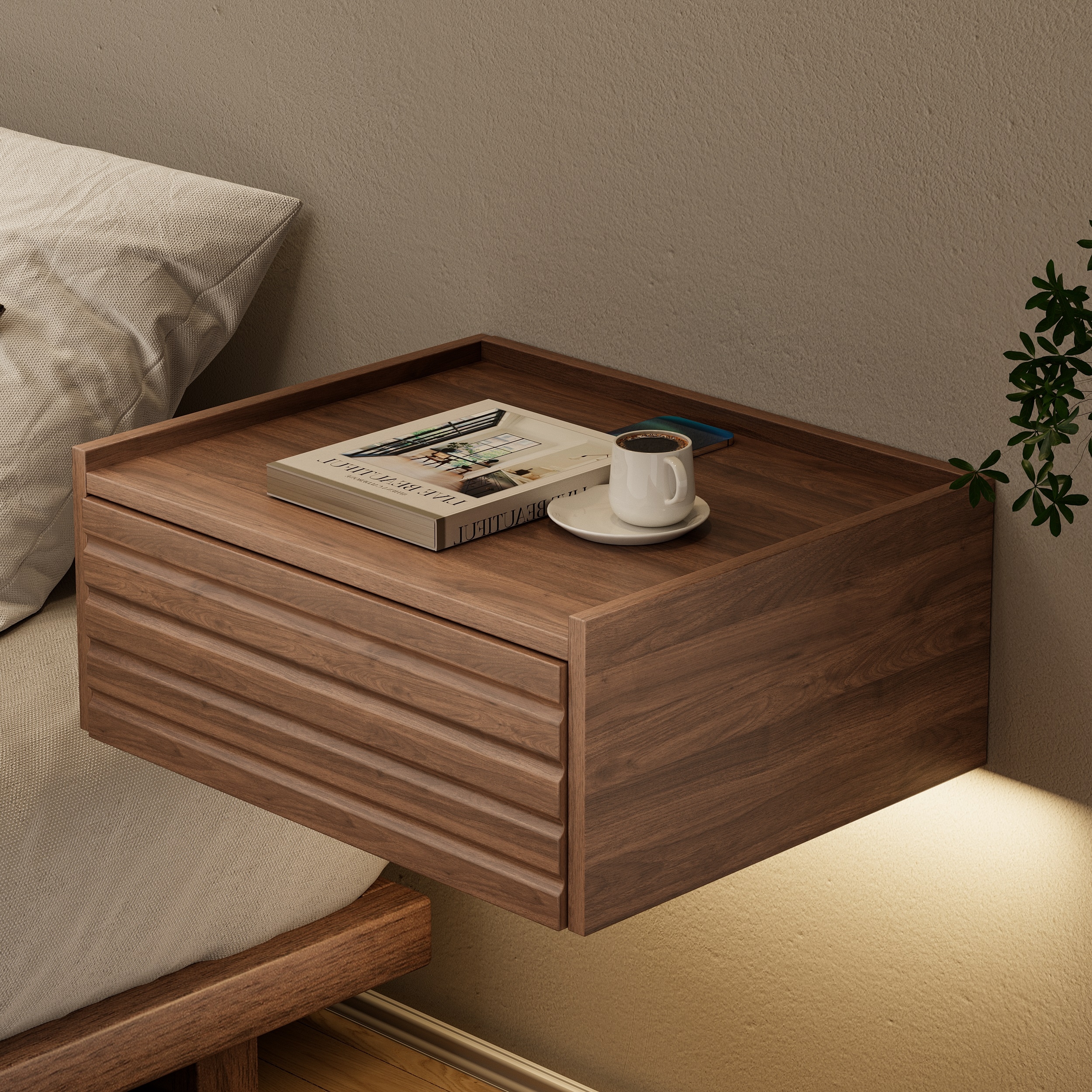 Floating Nightstand with Ribbed Front: Walnut Nightstand
