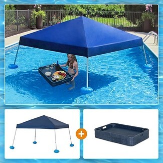Floating Pool Canopy Navy Blue Fabric and Pitched Roof