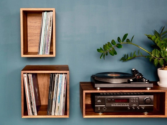 Floating Shelves: Mitered Joinery Walnut Record Shelves