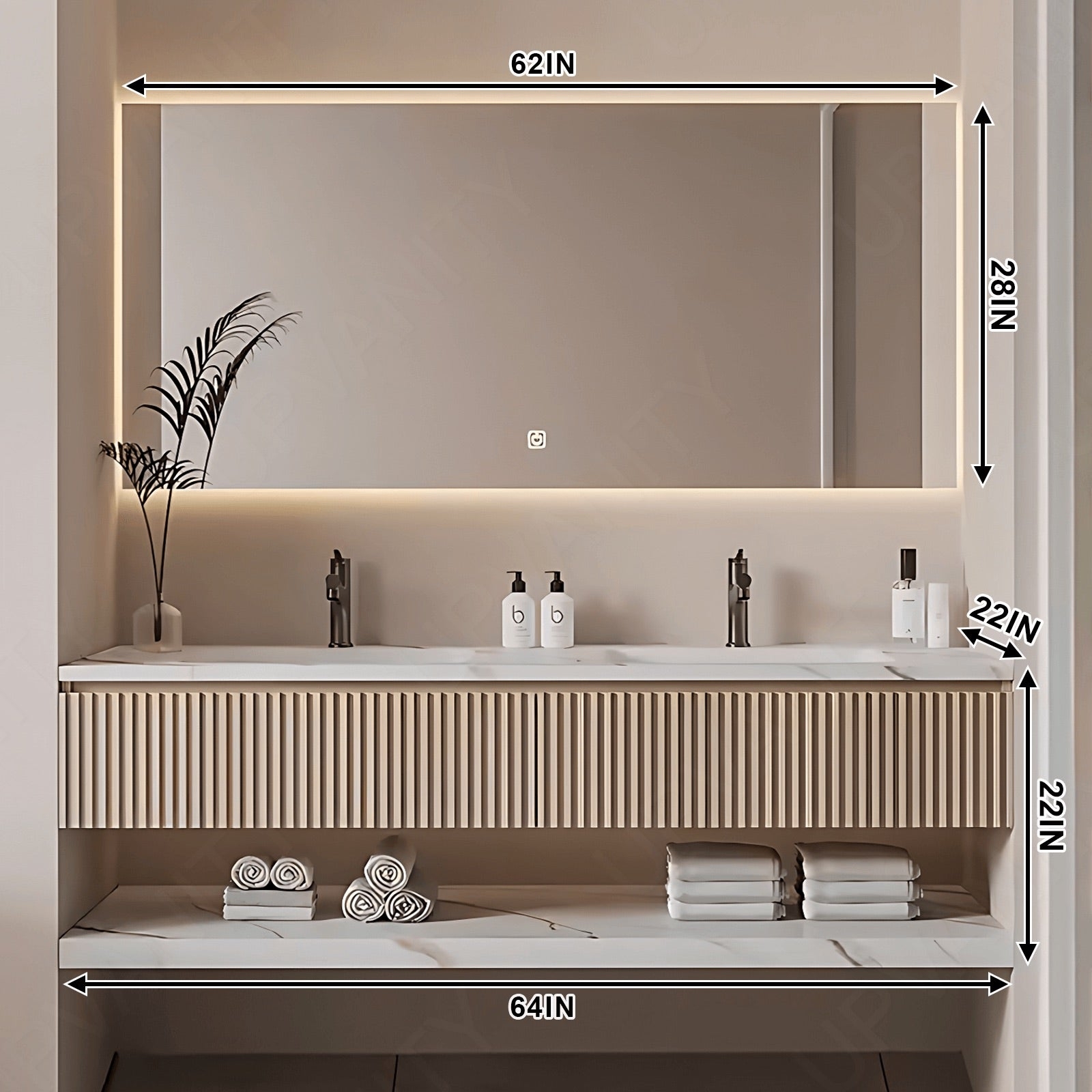 Floating Vanity: Fluted Beige Floating Vanity Smart Mirror