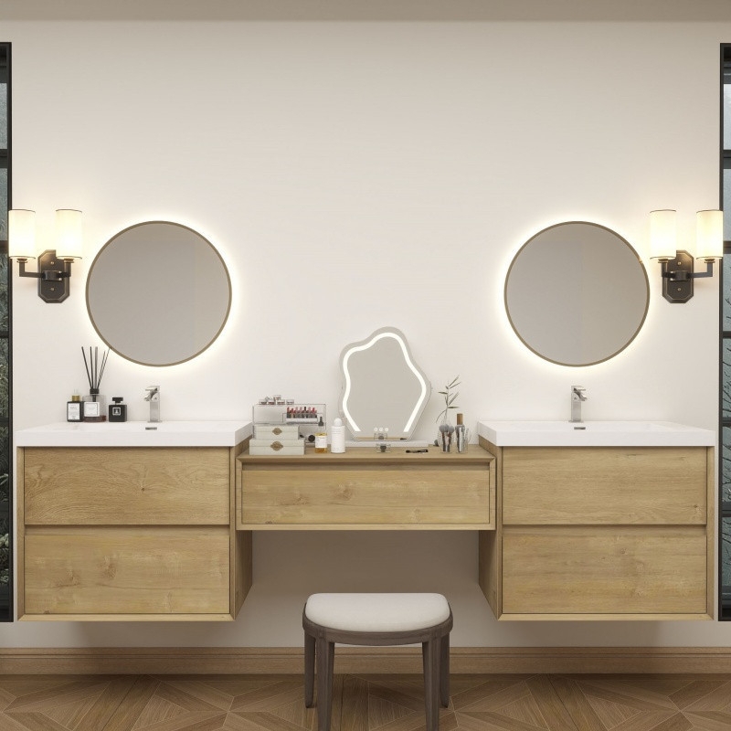Floating Vanity Set: 96 Inch Span with Light Oak Wood
