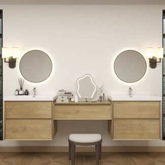 Floating Vanity Set: 96 Inch Span with Light Oak Wood