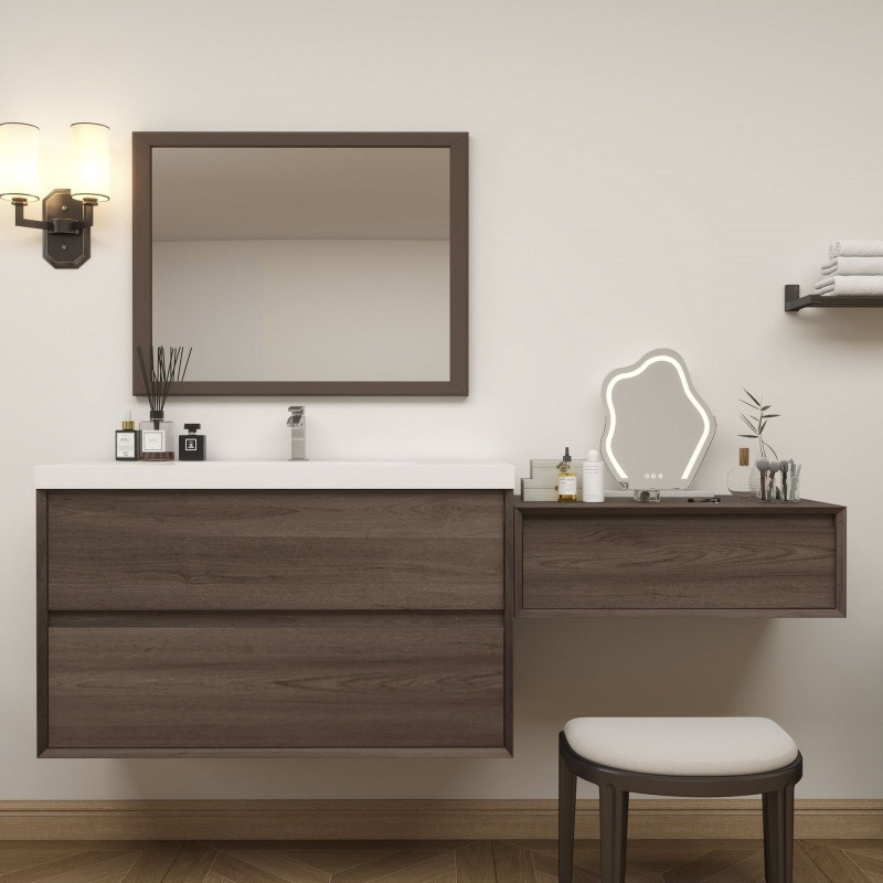 Floating Vanity Set: Offset Drawer Design in Walnut Wood