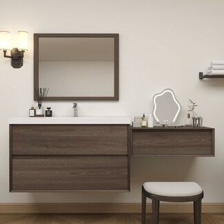 Floating Vanity Set: Offset Drawer Design in Walnut Wood