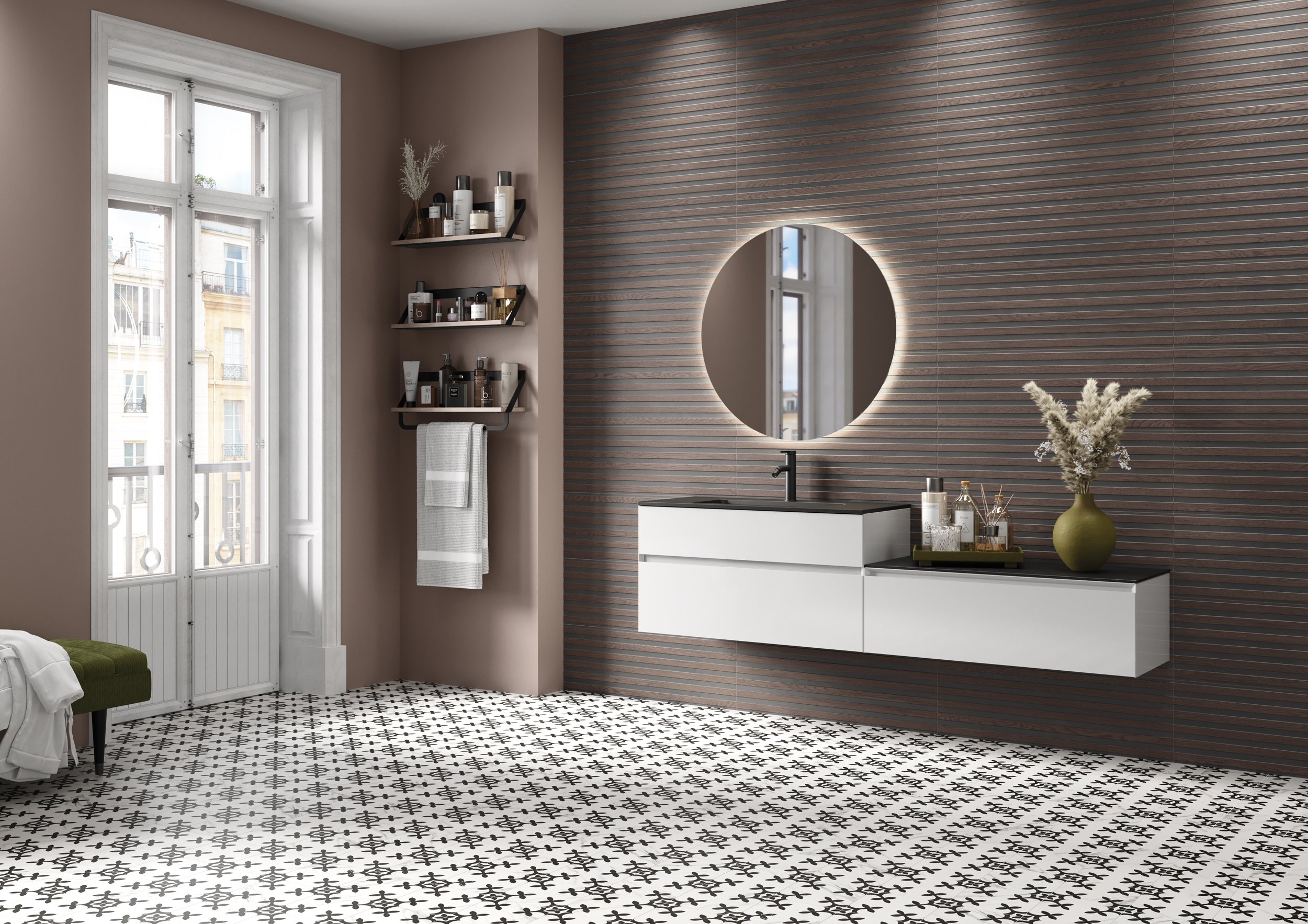 Floating Vanity with Horizontal Slat Accent and Backlit Mirror