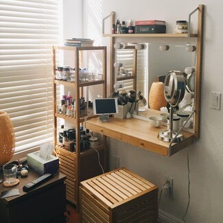 Floating Vanity with Marquee Mirror and Slatted Stool