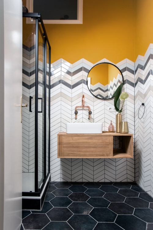 Floating Vanity with Zigzag Tile Border and Mustard Accent