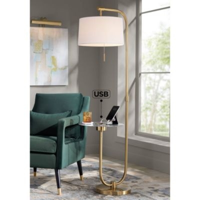 Floor Lamp Brass Arc Arm with Integrated Charging Tray
