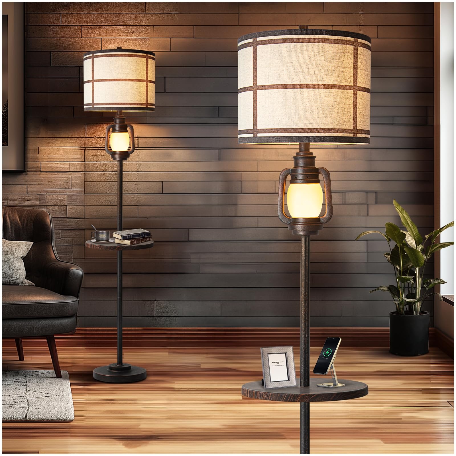 Floor Lamp Bronze Lantern Nightlight and Grid Pattern Shade