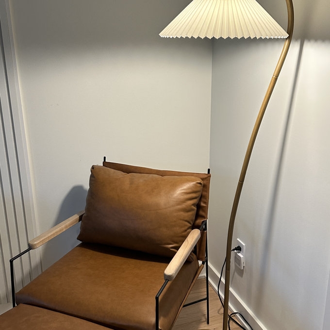 Floor Lamp Curved Wood Pole with Pleated Shade Design