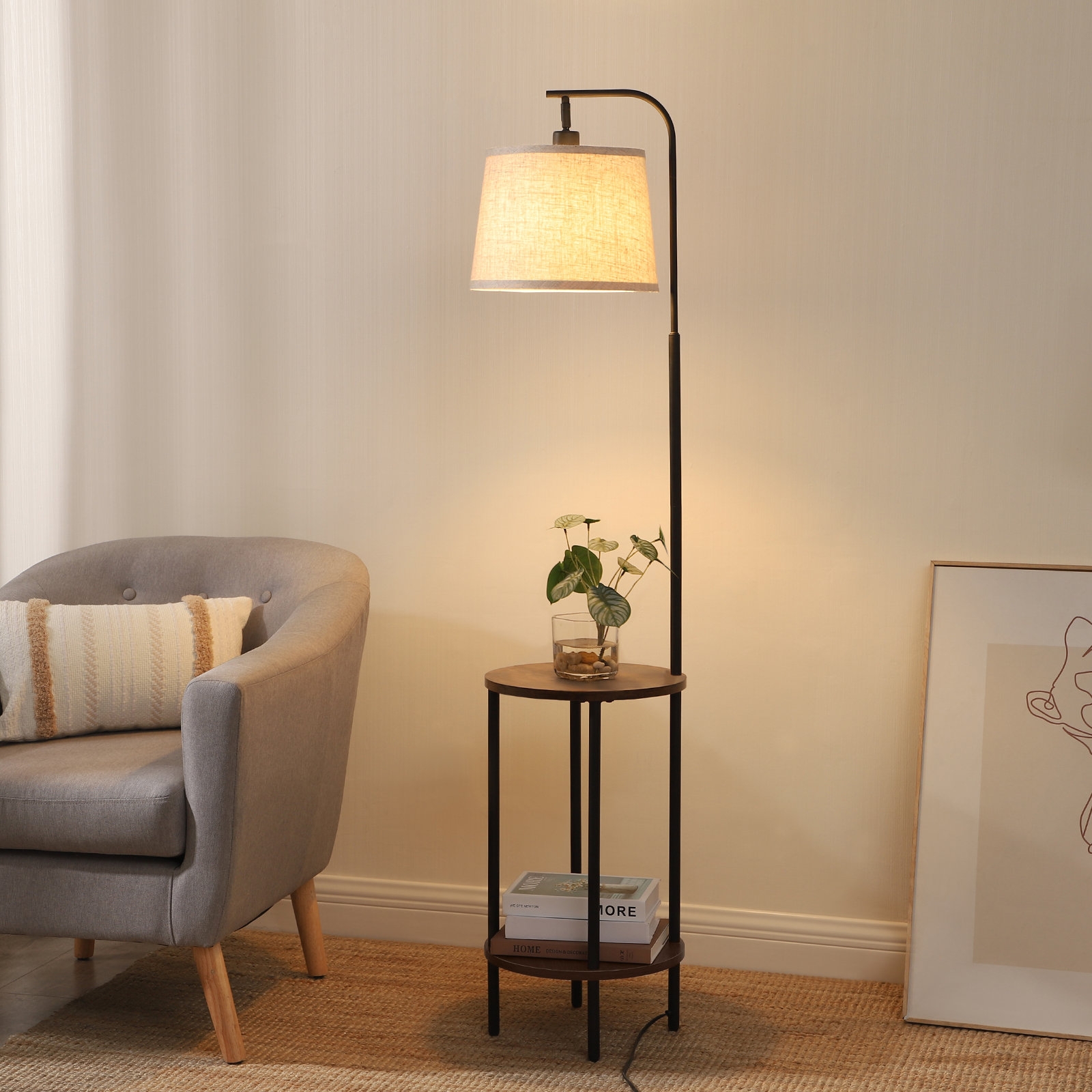 Floor Lamp Featuring Two Tier Shelf And Matte Black Metal
