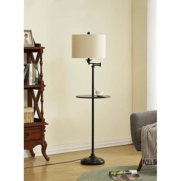 Floor Lamp Matte Black Swing Arm with Oatmeal Linen Shade