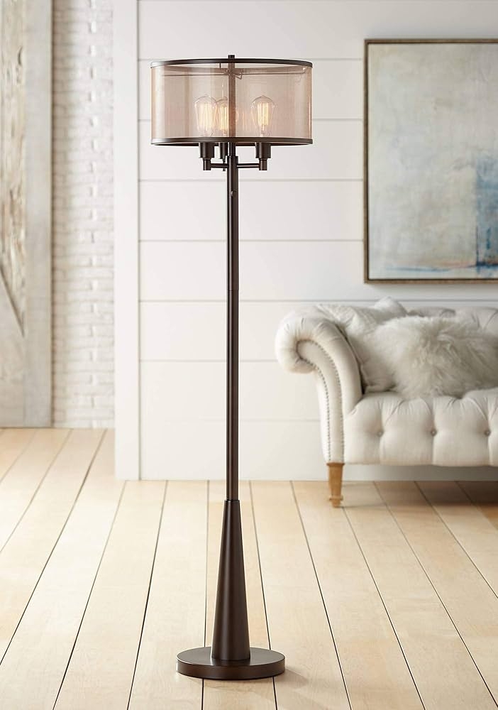 Floor Lamp Sheer Drum Shade with Triple Edison Bulbs