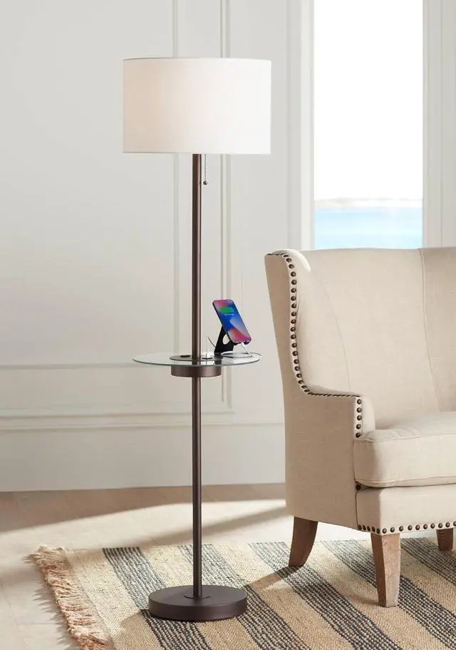 Floor Lamp Slim Bronze Pole with Integrated Charging Station
