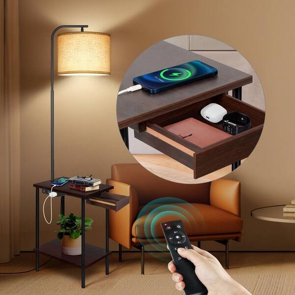 Floor Lamp Table Featuring Storage Drawer In Walnut Wood