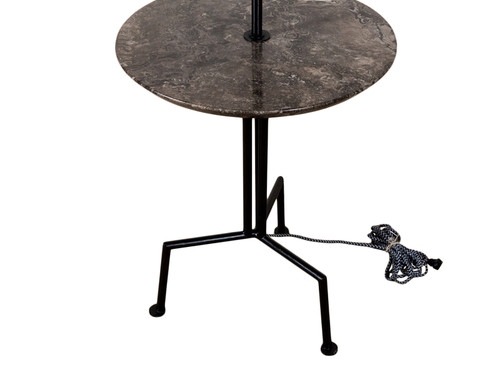 Floor Lamp Tray Table Aged Iron and Veined Stone Surface