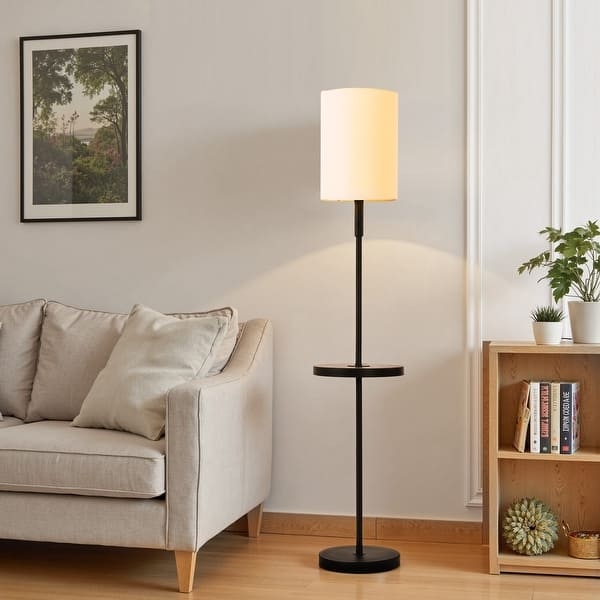Floor Lamp With Matte Black Iron And Linen Drum Shade