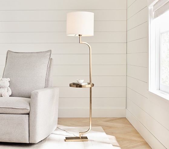 Floor Lamp With Offset Neck And Warm Gold Integrated Tray