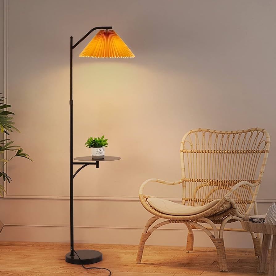 Floor Lamp With Vibrant Orange Pleated Shade And Arc Neck