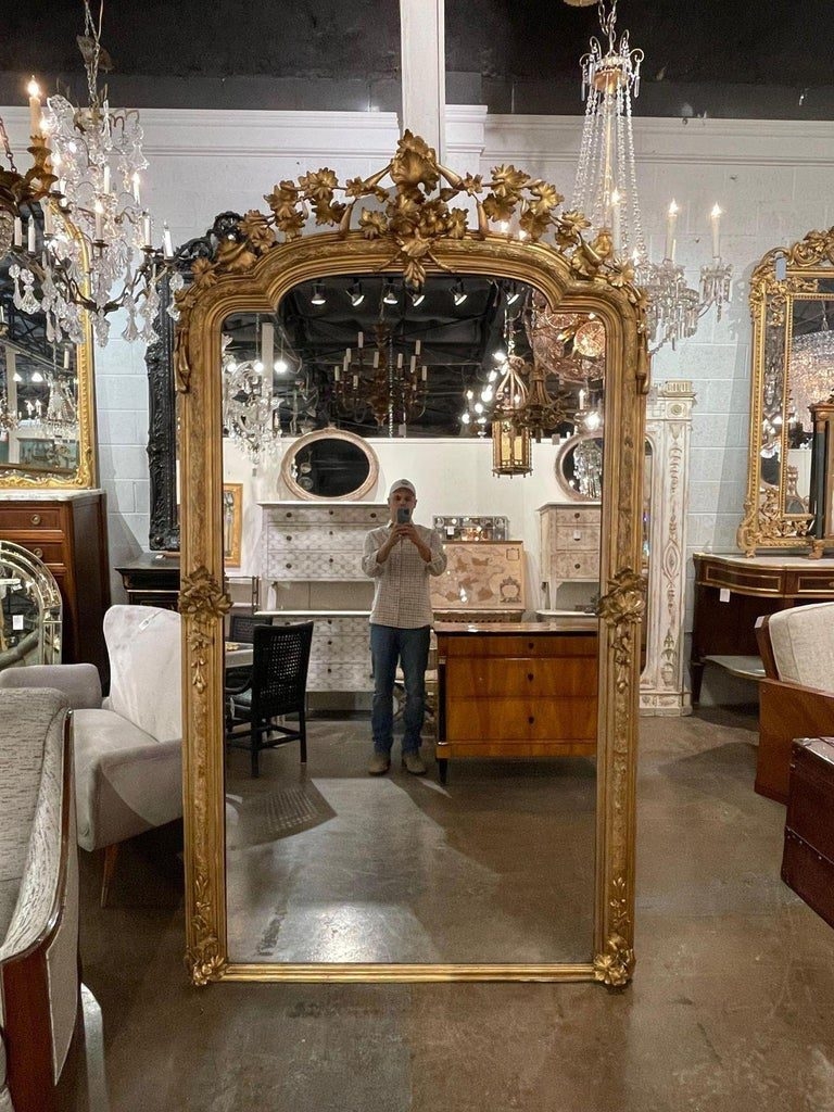 Floor Mirror: Antique Gilt Floral Crest 19th Century