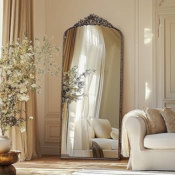 Floor Mirror: Black Brushed Bronze Ornate Crest
