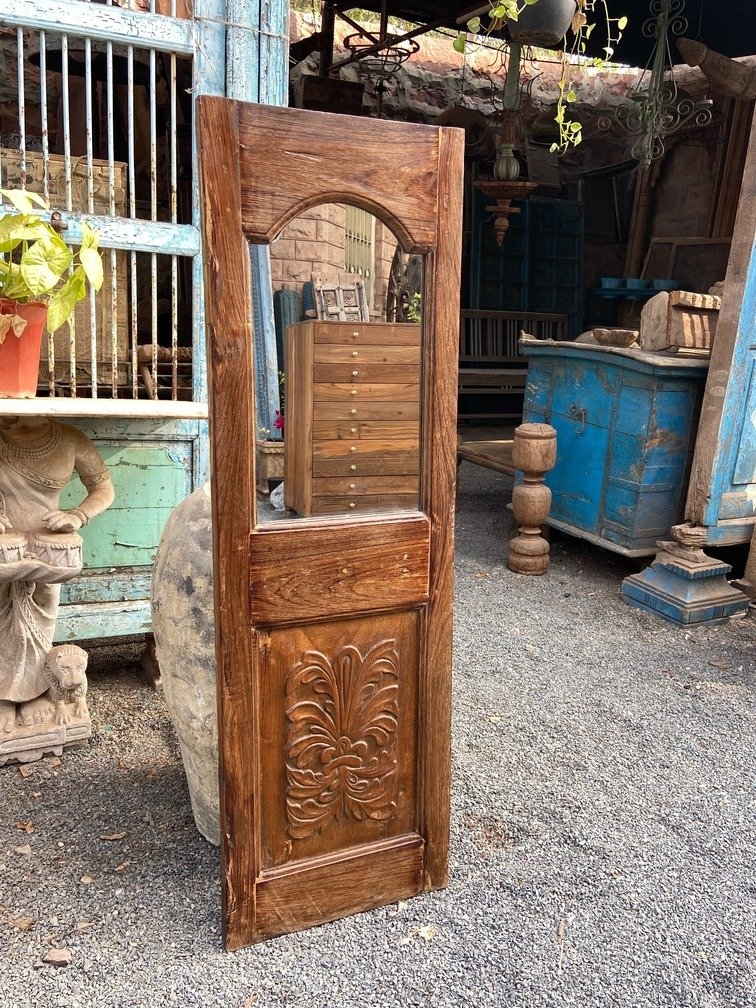 Floor Mirror: Distressed Wood Floral Door Panel