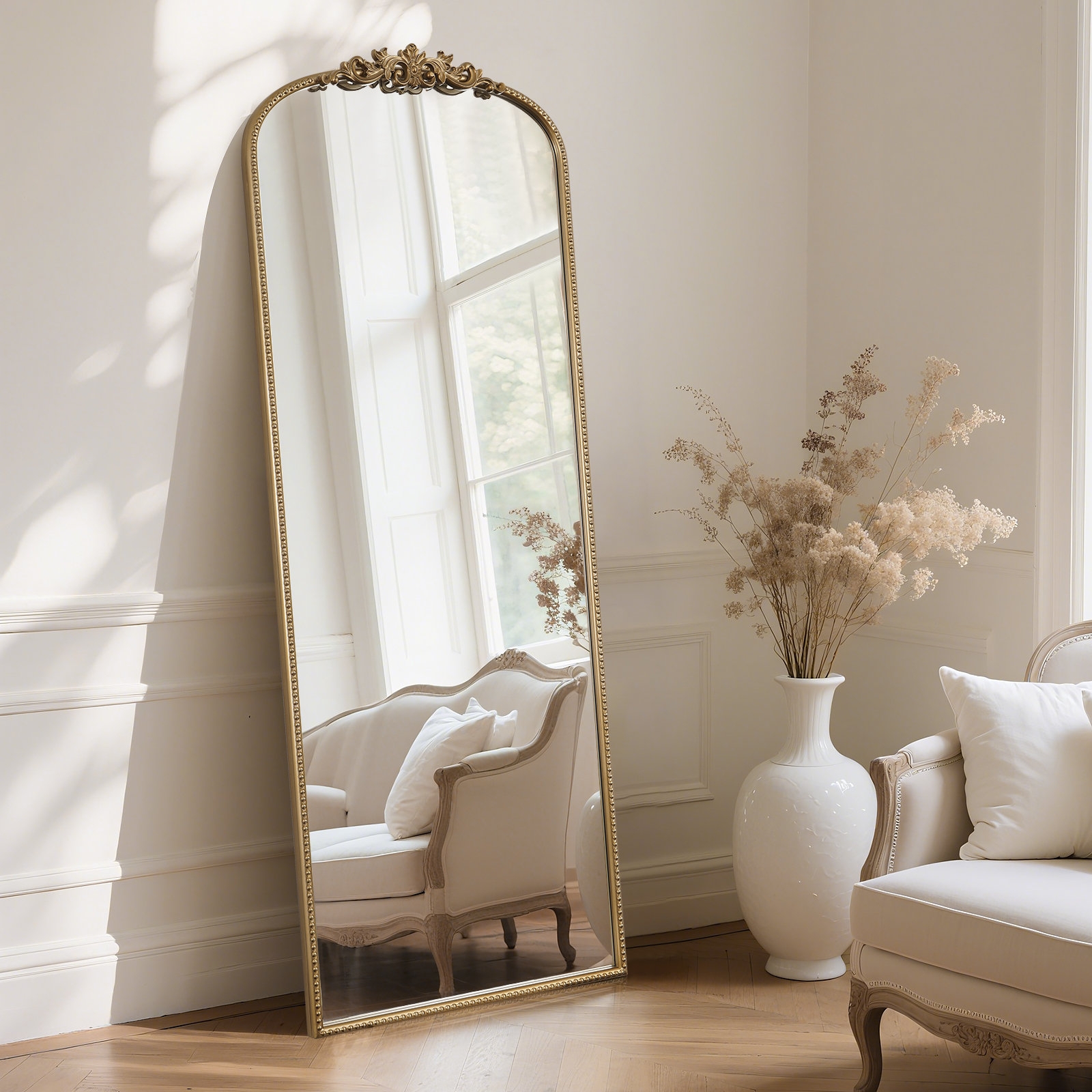 Floor Mirror: Ornate Metallic Beaded Arched Frame