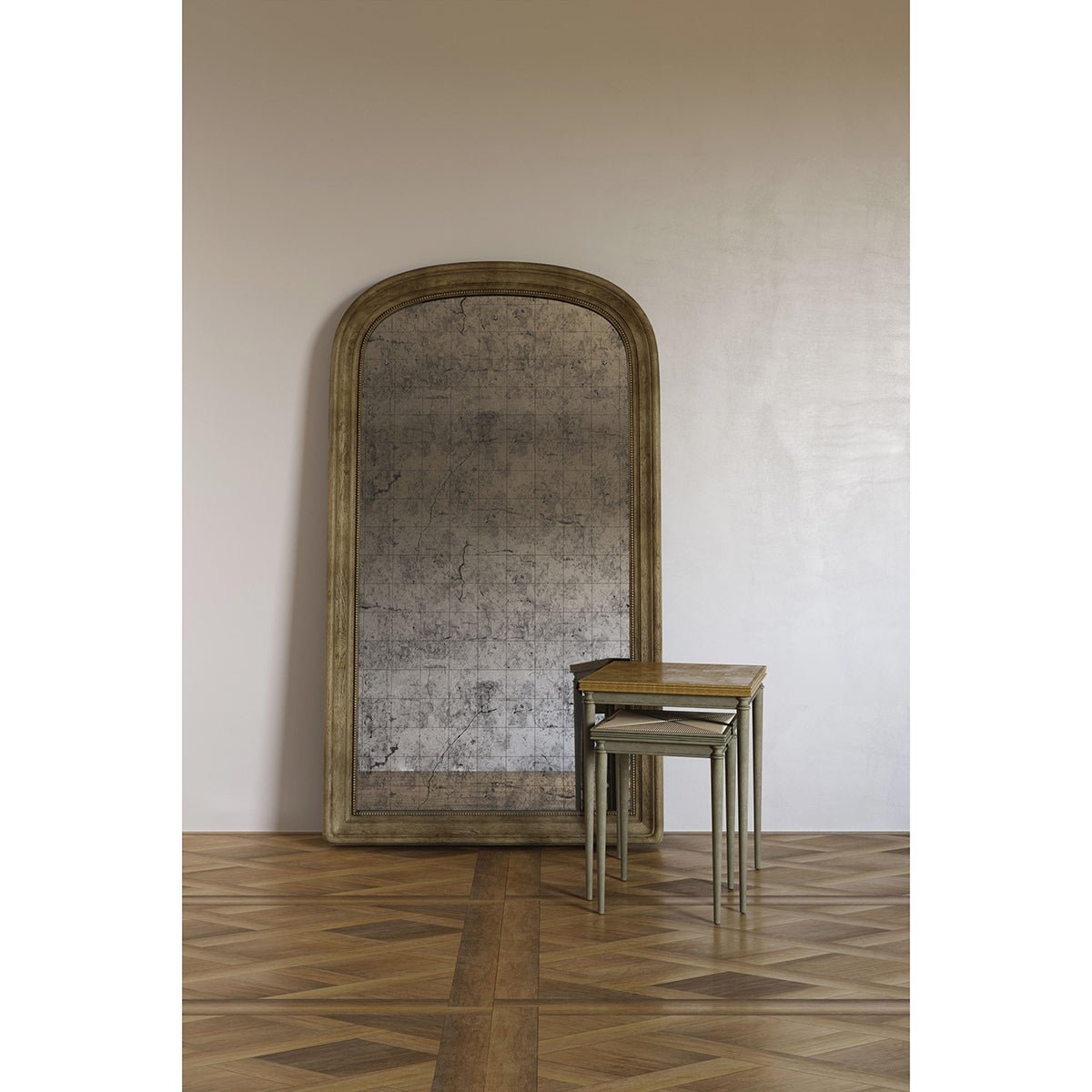 Floor Mirror: Oversized Foxed Glass Arched Frame