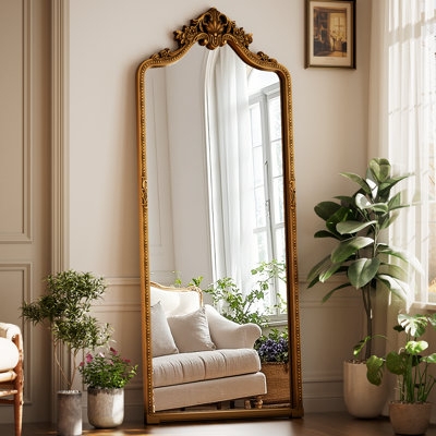 Floor Mirror: Warm Bronze Ornate Arched Carving Detail