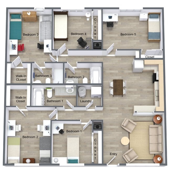 Floor Plan for Multi Bedroom Efficiency and 3D Apartment Design