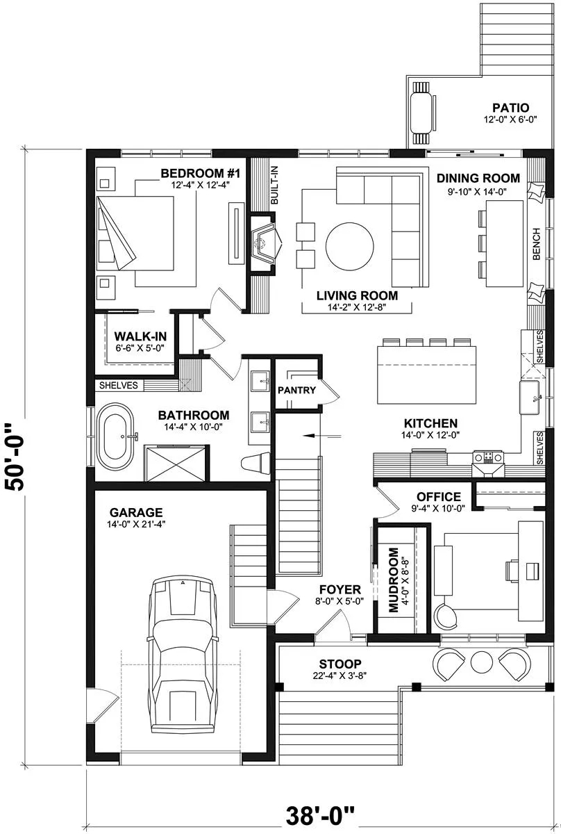 Floor Plan with Integrated Mudroom and 50x38 Country House Plan