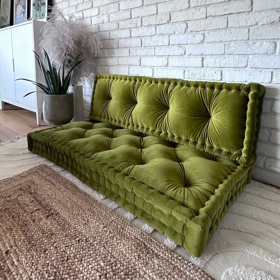 Floor Sofa with French Mattress Seaming Olive Green Floor Sofa