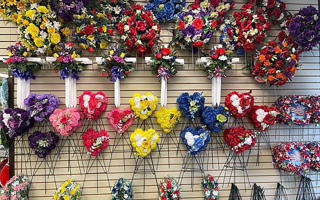 Floral Arrangement with Heart Shaped Tributes and Silk Graveyard Stands
