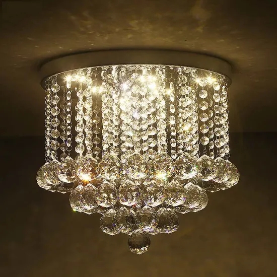 Flush Mount Chandelier and Cascading Beads: Compact Crystal Ceiling Fixture