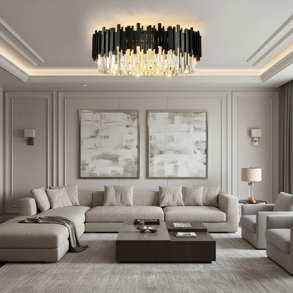 Flush Mount Chandelier displaying Vertical Slats: Black and Crystal Flush Mount