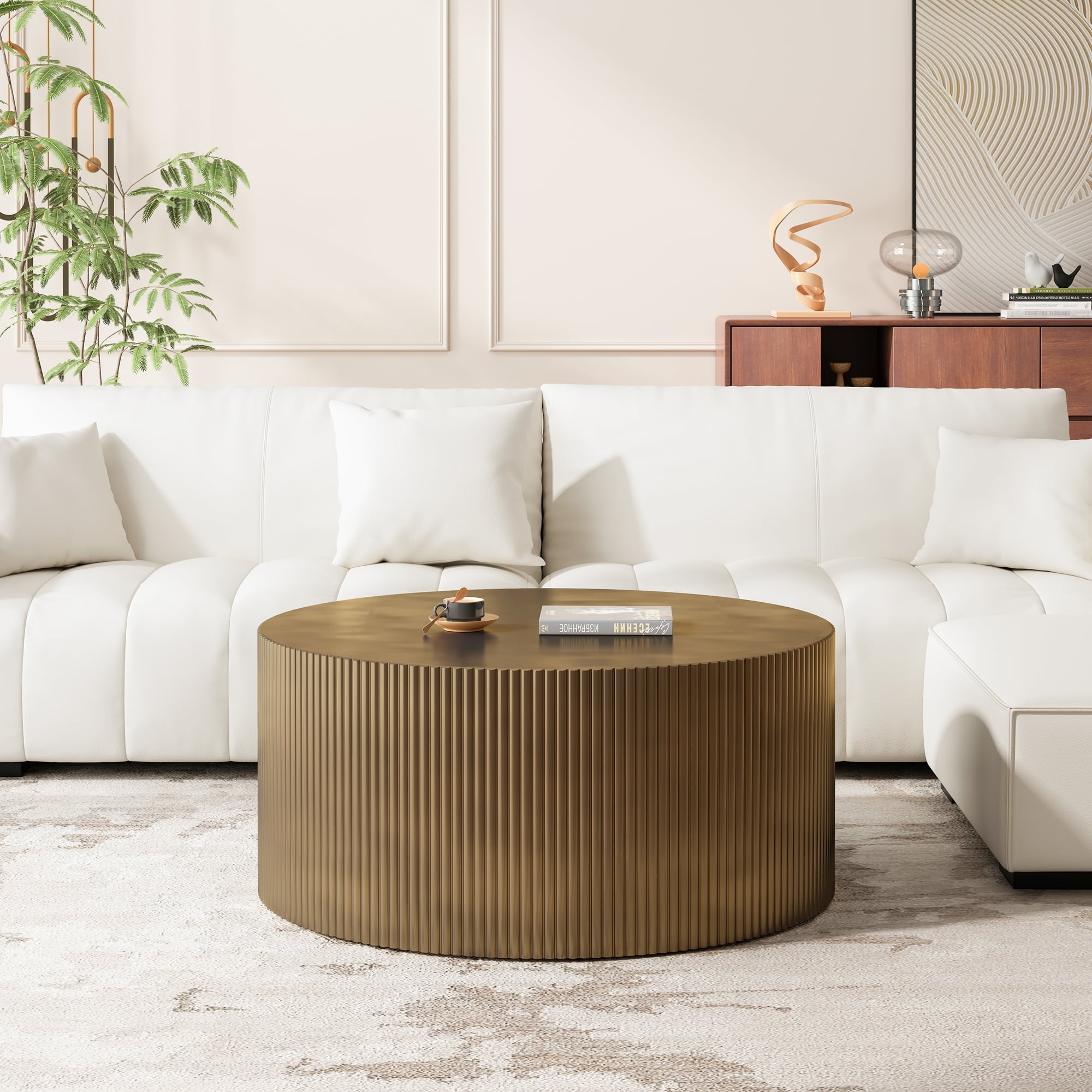 Fluted Gold Coffee Table with Minimalist Drum Silhouette