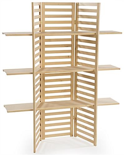Folding Display Rack Louvered Panels Natural Pine Wood Shelving