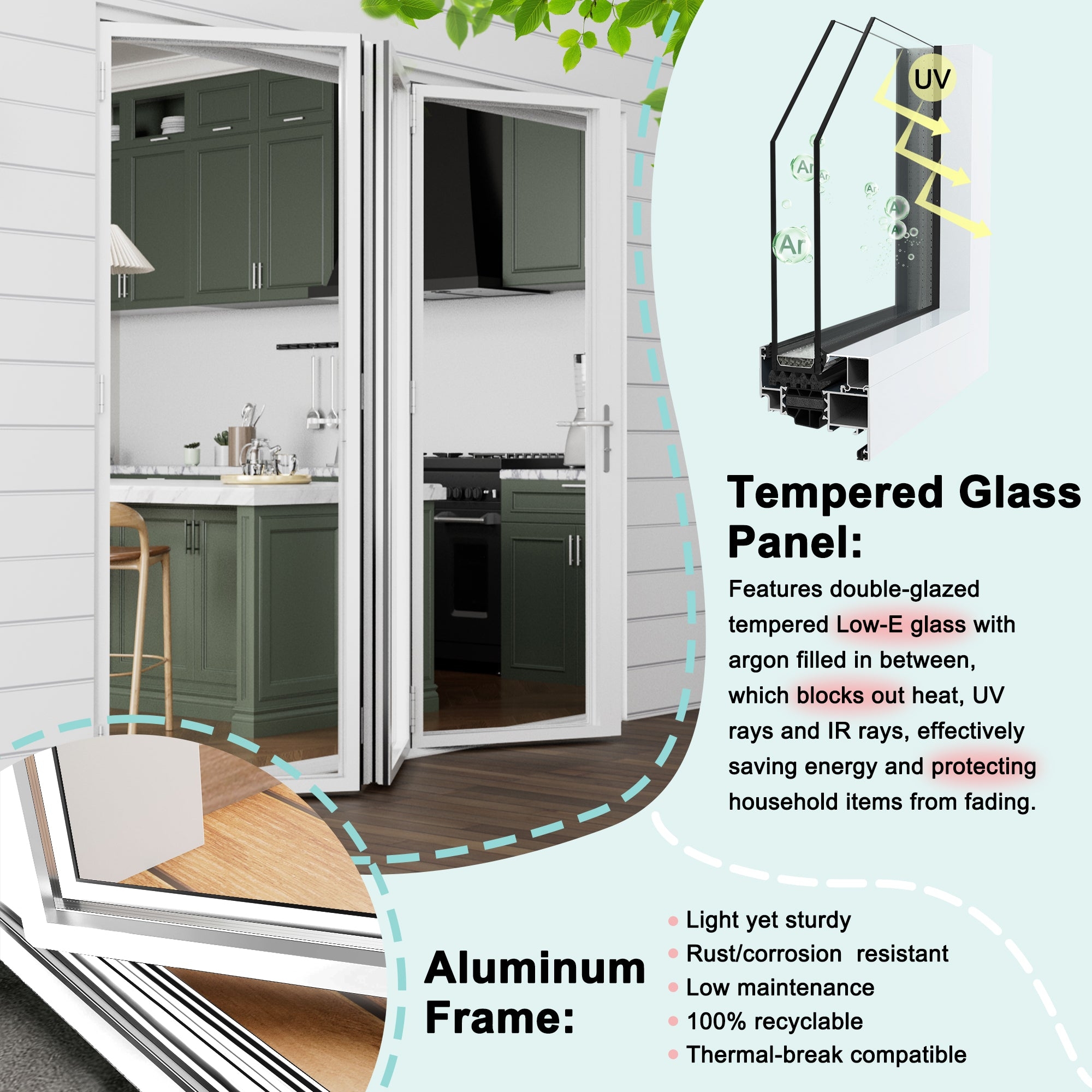Folding Patio Door: Aluminum Low-E Tempered Glass Door