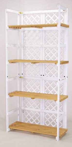 Folding Shelf Lattice Side Panels White and Wood Tiered Stand