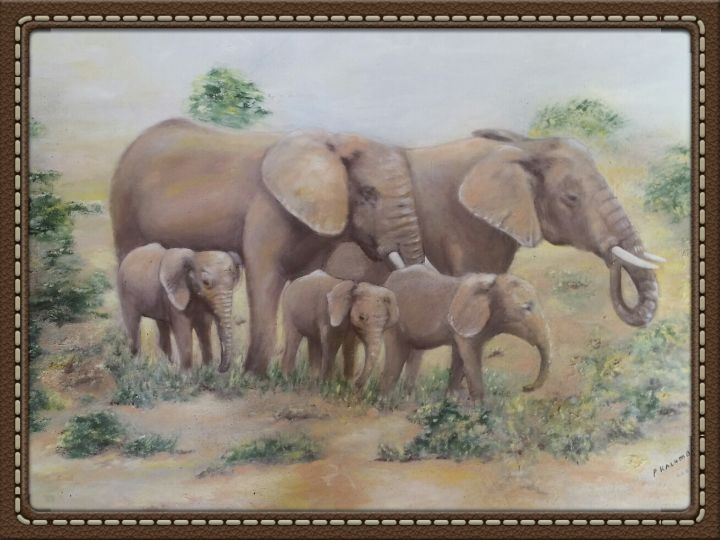 Framed Painting Elephant Family Motif Leather Frame Art Painting