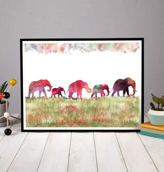 Framed Print Elephant Silhouettes with Watercolor Bleeding Art