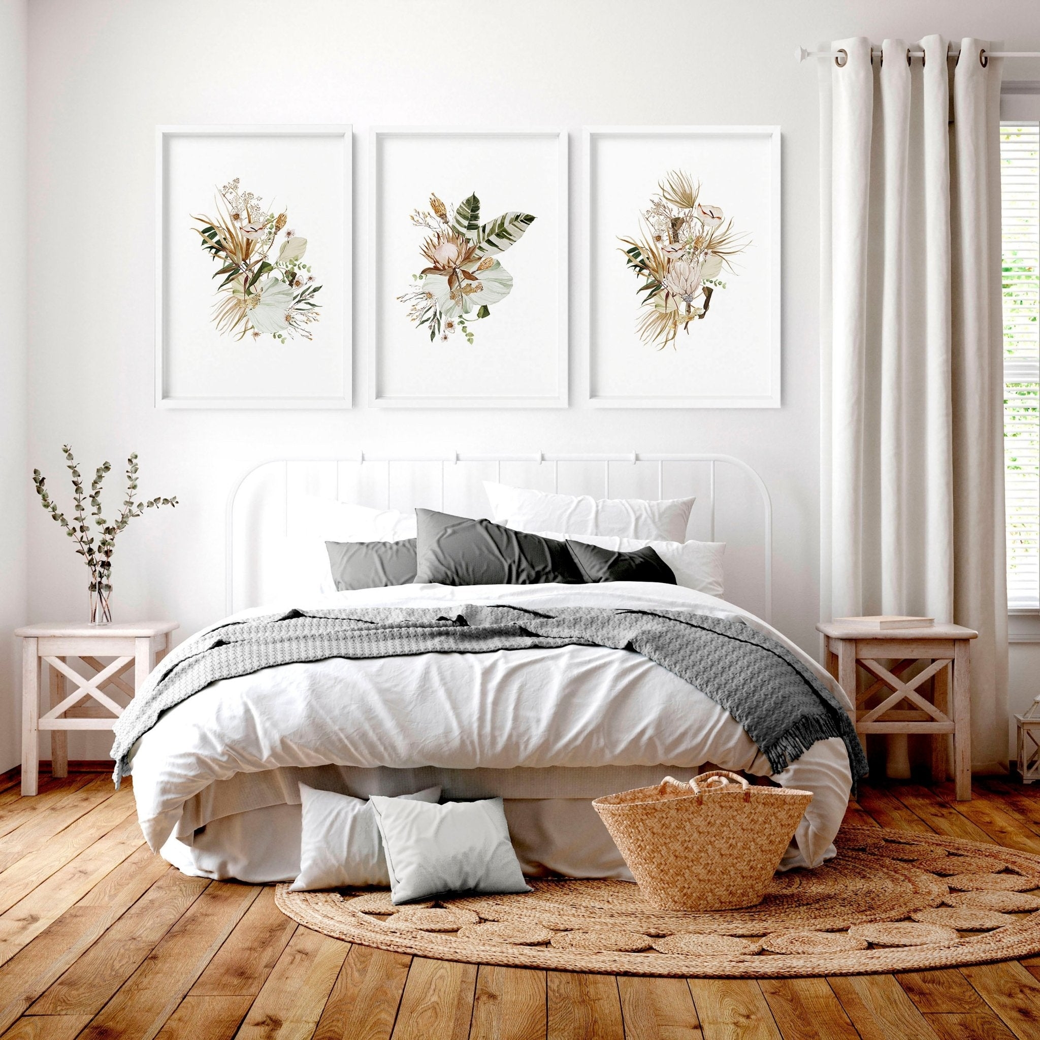 Framed Wall Art Botanical Print Set White Metal Bed