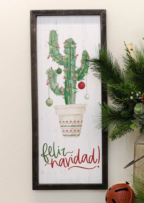 Framed Wall Art Cactus Holiday Theme Feliz Navidad Western Print