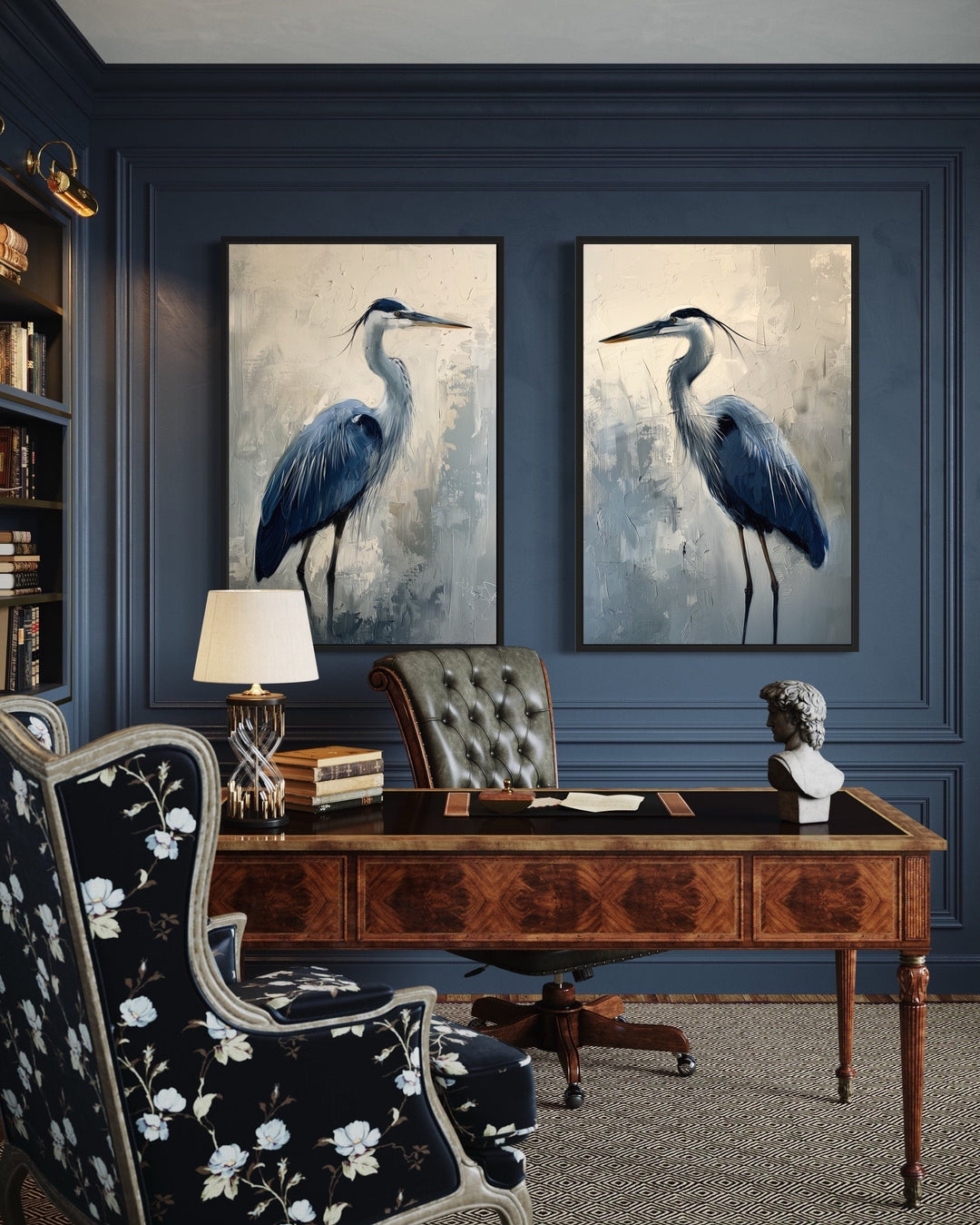 Framed Wall Art depicting Blue Heron Subject and Paneled Walls