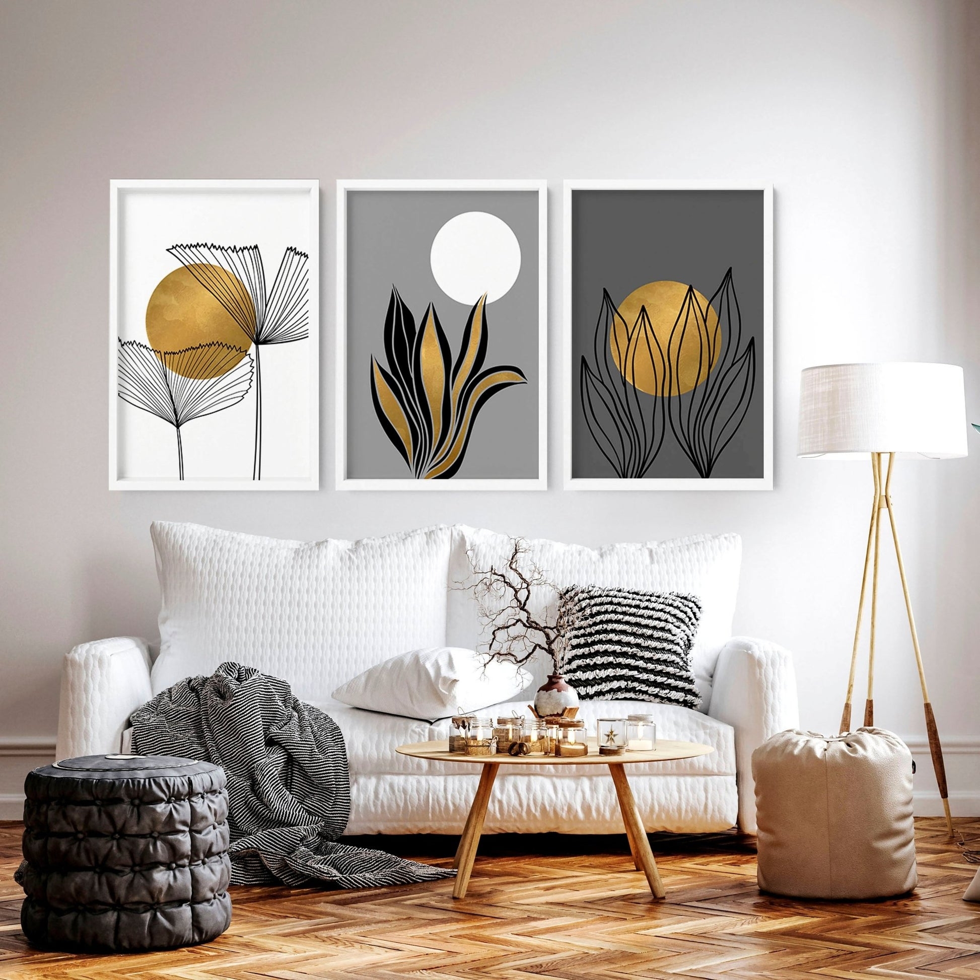 Framed Wall Art Set of Three Botanical Line Art Prints
