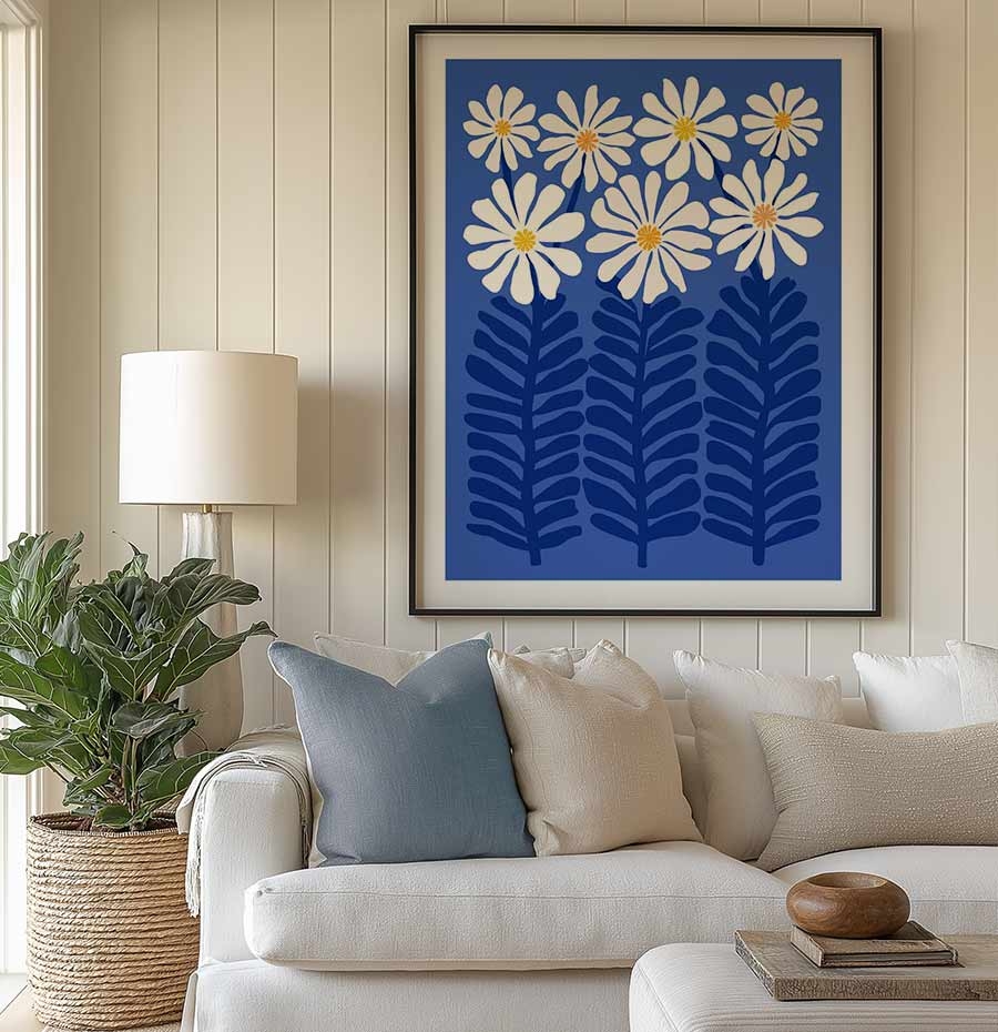 Framed Wall Art with Daisy Motif and Modern Floral Print