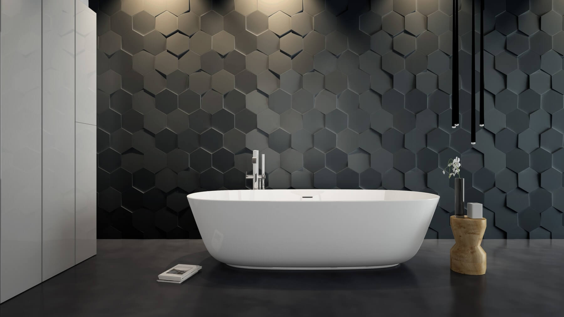 Freestanding Bathtub by 3D Hexagonal Tile Matte Black Wall