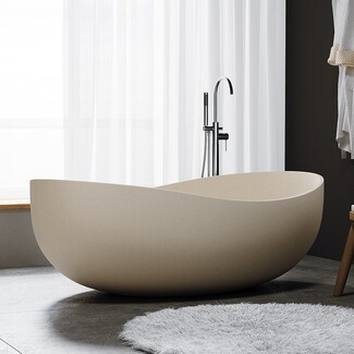 Freestanding Bathtub featuring Undulating Rim, Beige Cement Style